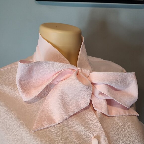 Vintage 70s Pink Bow-Tie Career Blouse Top Sz Small Valentine Coquette Retro - Picture 5 of 8